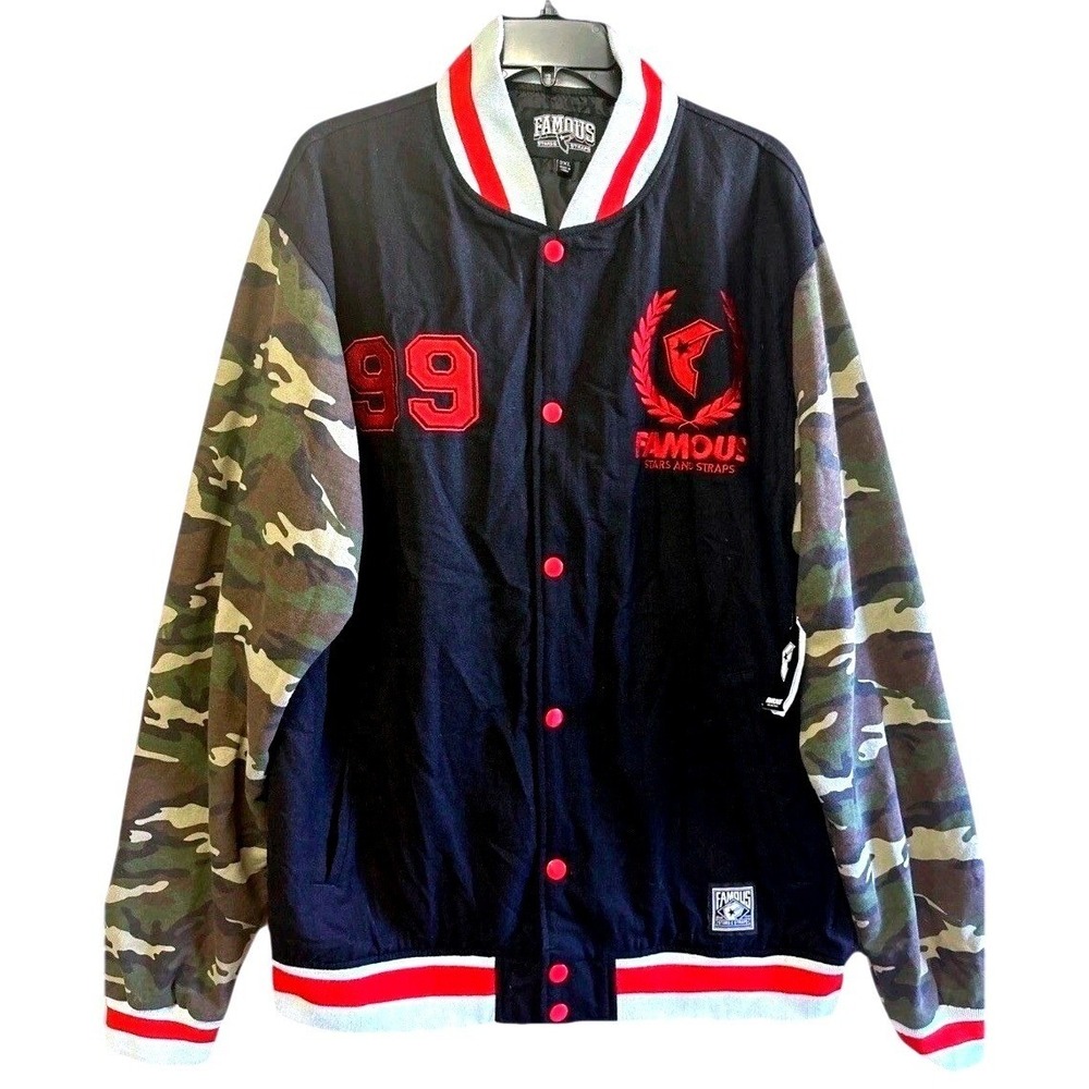 Famous Stars & Straps‎ Men's Varsity Jacket Size 2XL Camo Sleeve Black Red NWT